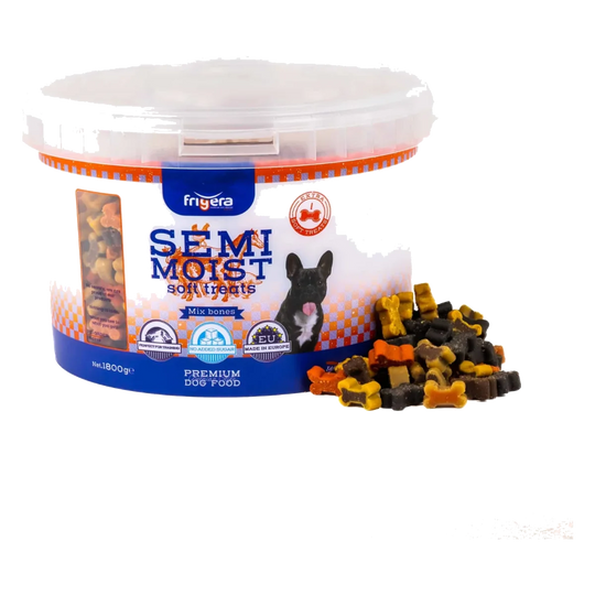 Snacks semihúmedos Mix Bones Frigera para perros, bote de 1800 g