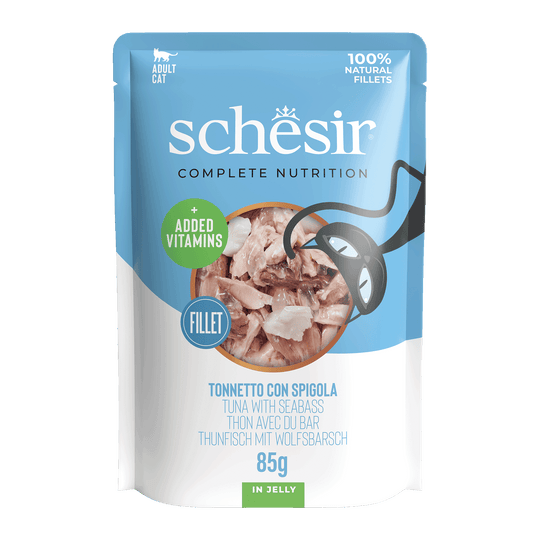 Schesir Sobre Atún con lubina 85g alimento completo para gatos