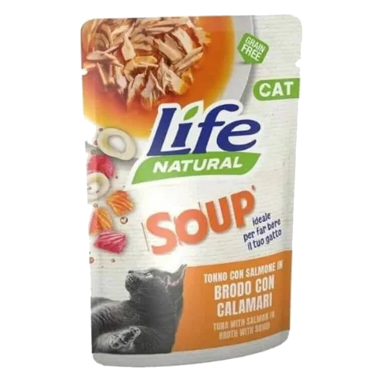 Sopa life cat atún con salmon y calamares 60 gr para gatos