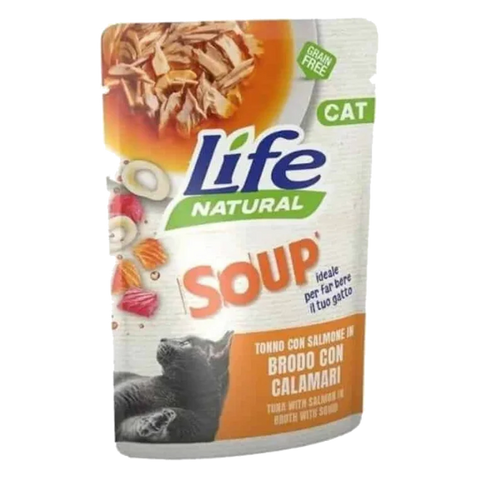 Sopa life cat atún con salmon y calamares 60 gr para gatos