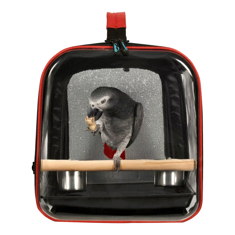 Transportín para loros con percha de madera y comederos, vista frontal