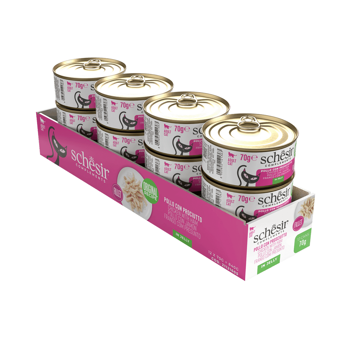 Schesir Lata Filetes de pollo con jamón 70 g en gelatina para gatos - imagen 2