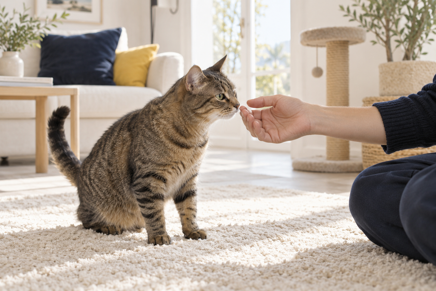 Escena ilustrativa de un gato conociendo con calma a una persona en su hogar
