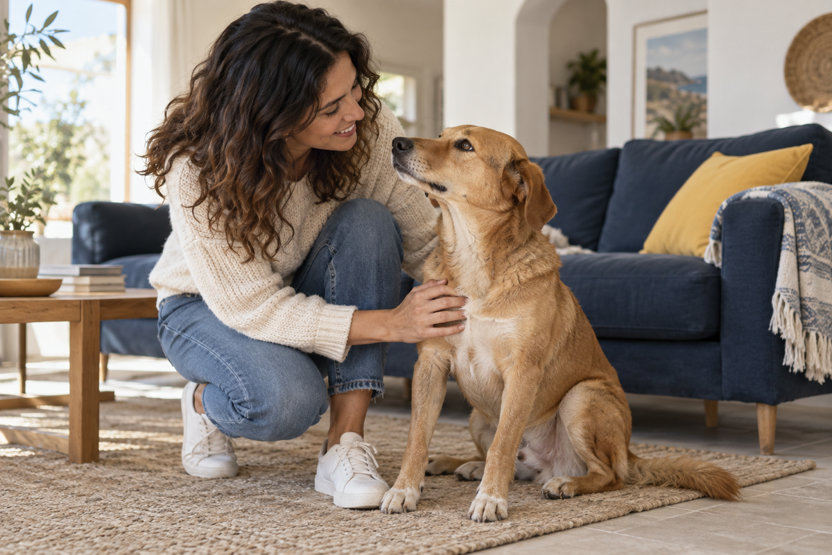 Escena ilustrativa de una persona y un perro compartiendo un momento tranquilo en casa